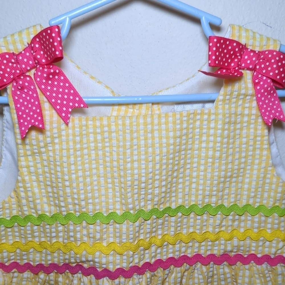 Rare Editions Yellow Gingham Sundress Pink Flamingo Ricrac Trim Girls Size 4